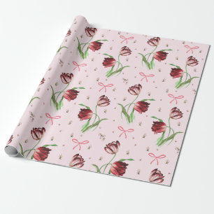 Elegant Vintage Pink Bows Tulips Floral Pattern  Wrapping Paper
