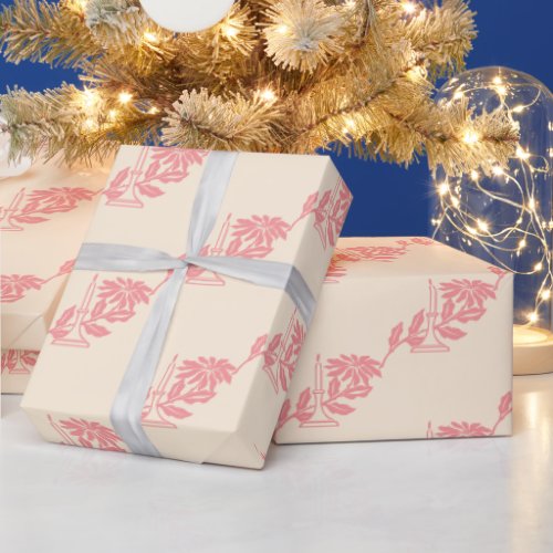 Elegant Vintage Pink Christmas Candle Poinsettia  Wrapping Paper