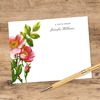 Elegant Vintage Pink Climbing Rose Floral w/ Name Note Card