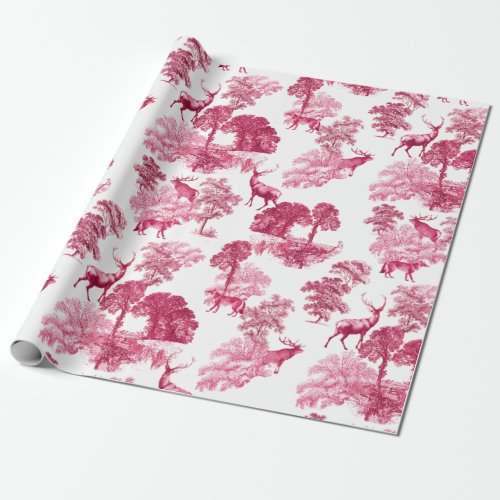 Elegant Vintage Pink Deer Fox Toile Woodland Wrapping Paper