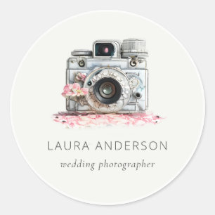 Elegant Vintage Pink Floral Camera Photography Classic Round Sticker
