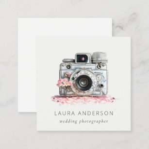 Elegant Vintage Pink Floral Camera Photography  Square Business Card