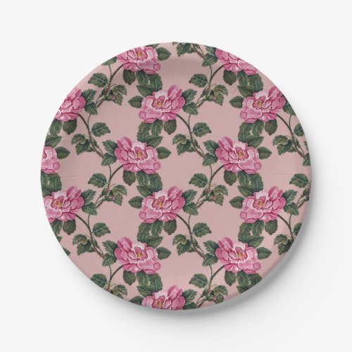 Elegant Vintage Pink Floral Flower Pattern Paper Plates
