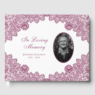 Elegant Vintage Pink Floral Lace Funeral Photo Guest Book