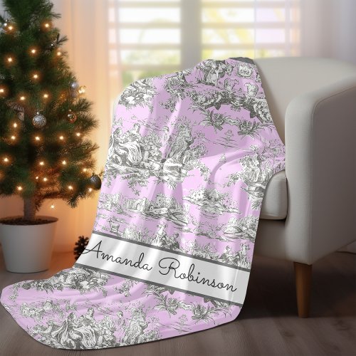 Elegant vintage pink floral lake toile de jouy fleece blanket