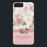 Elegant Vintage Pink Floral Rose Monogram Name iPhone 8 Plus/7 Plus Case<br><div class="desc">This case features an elegant vintage floral pink rose pattern on the top, a mauve ribbon, two beautiful roses placed on the ribbon, and a rose color bottom. There you can customize the monogram and the name. Eliminate an element to just have a monogram or just a name, it&#39;s up...</div>
