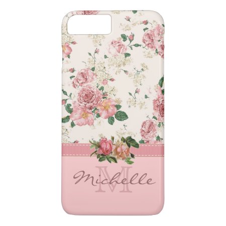 Elegant Vintage Pink Floral Rose Monogram Name Iphone 8 Plus/7 Plus Ca