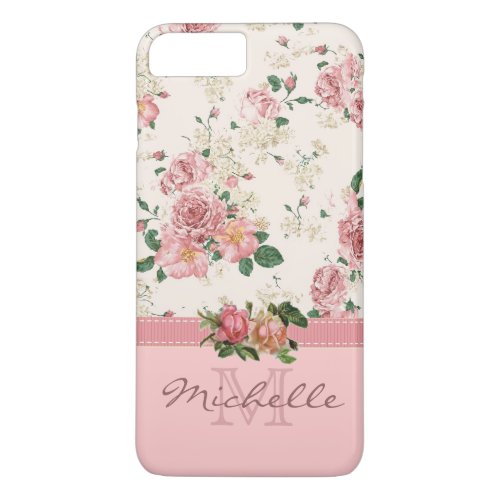 Elegant Vintage Pink Floral Rose Monogram Name iPhone 8 Plus7 Plus Case