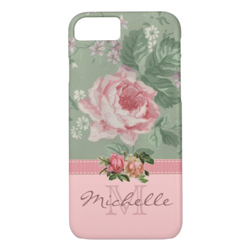 Elegant Vintage Pink Floral Rose Monogram Name iPhone 87 Case