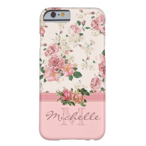 Elegant Vintage Pink Floral Rose Monogram Name Barely There iPhone 6 Case