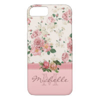 Elegant Vintage Pink Floral Rose Monogram Name
