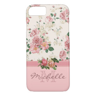 Elegant Vintage Pink Floral Rose Monogram Name iPhone 8/7 Case