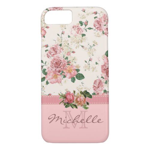 Elegant Vintage Pink Floral Rose Monogram Name iPhone 87 Case