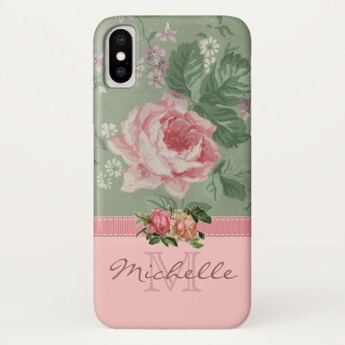Elegant Vintage Pink Floral Rose Monogram Name iPhone XS Case