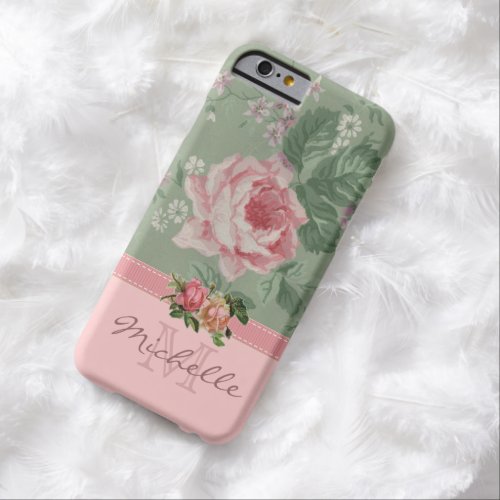 Elegant Vintage Pink Floral Rose Monogram Name Barely There iPhone 6 Case