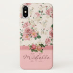 Elegant Vintage Pink Floral Rose Monogram Name iPhone XS Case<br><div class="desc">This case features an elegant vintage floral pink rose pattern on the top, a mauve ribbon, two beautiful roses placed on the ribbon, and a rose color bottom. There you can customize the monogram and the name. Eliminate an element to just have a monogram or just a name, it&#39;s up...</div>