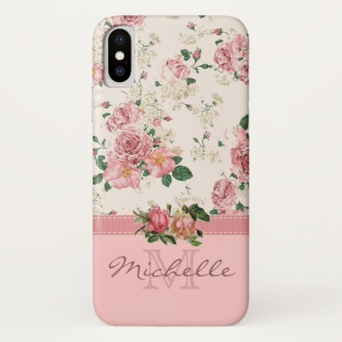 Elegant Vintage Pink Floral Rose Monogram Name iPhone XS Case