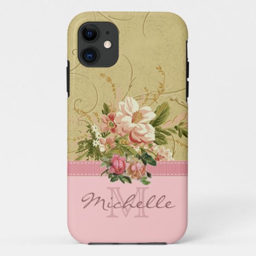 Elegant Vintage Pink Floral Rose Monogram Name iPhone 11 Case