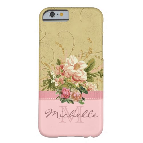 Elegant Vintage Pink Floral Rose Monogram Name Barely There iPhone 6 Case