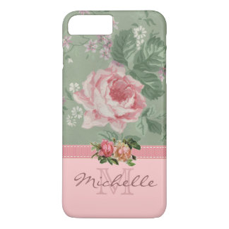 Elegant Vintage Pink Floral Rose Monogram Name iPhone 8 Plus/7 Plus Case