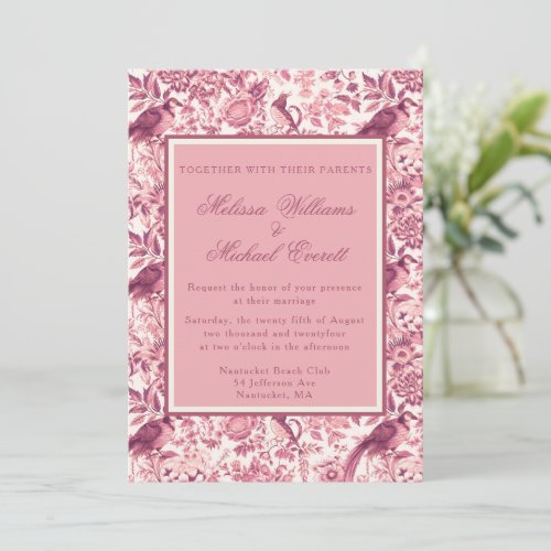 Elegant Vintage Pink Floral Toile Fleurie Wedding Invitation