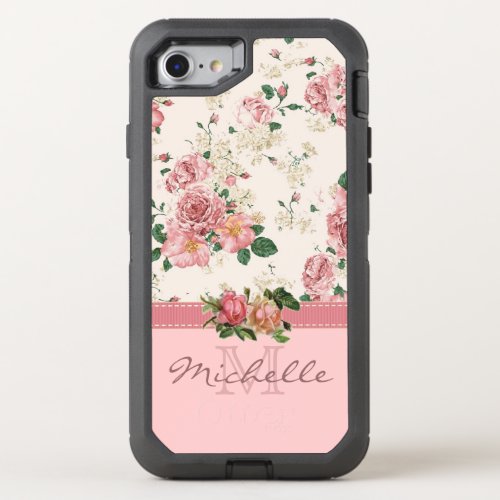 Elegant VIntage Pink Floral with Monogram OtterBox Defender iPhone SE87 Case