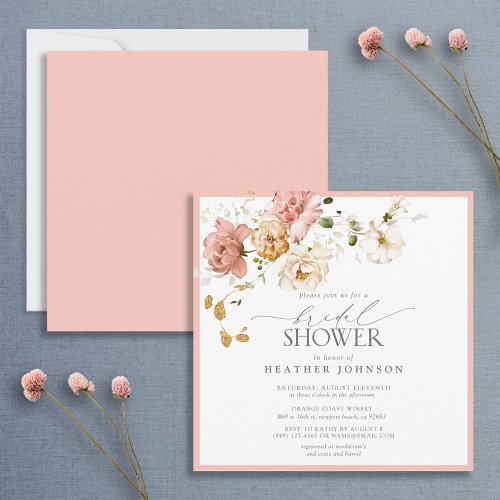 Elegant Vintage Pink  Gold Floral Bridal Shower Invitation