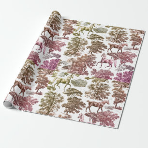 Elegant Vintage Pink Gold Horses in Woods Toile Wrapping Paper