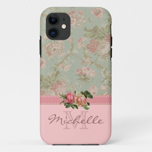 Elegant Vintage Pink  Green Floral Monogram Name iPhone 11 Case