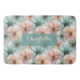 Elegant Vintage Pink & Green Floral Personalized Bath Mat