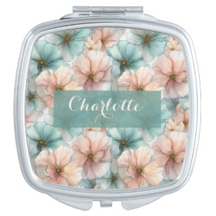 Elegant Vintage Pink & Green Floral Personalized Compact Mirror