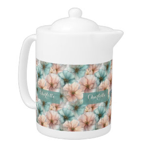 Elegant Vintage Pink & Green Floral Personalized Teapot