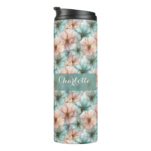 Elegant Vintage Pink & Green Floral Personalized Thermal Tumbler