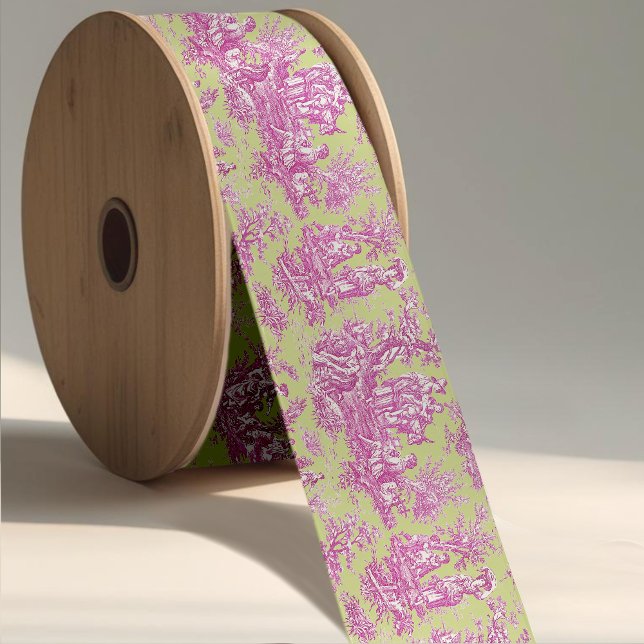 Elegant vintage pink green toile de jouy satin ribbon (Creator Uploaded)