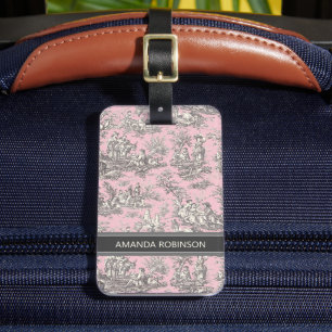 Elegant vintage pink grey toile de jouy luggage tag