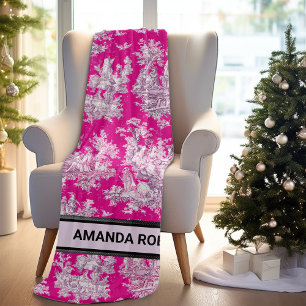 Elegant vintage pink magenta lake toile de jouy  fleece blanket