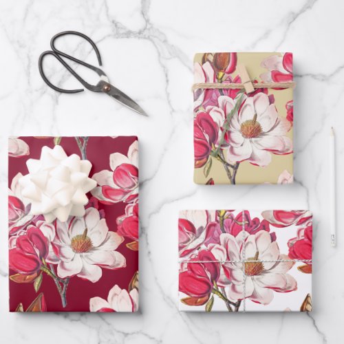 Elegant Vintage Pink Magnolia Gold Burgundy White Wrapping Paper Sheets