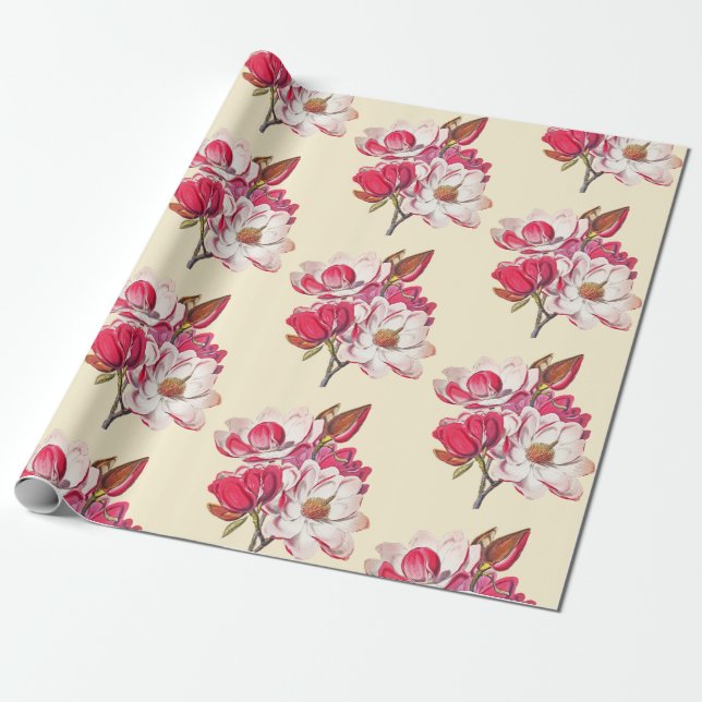 Elegant Vintage Pink Magnolia on Beige Wrapping Paper (Unrolled)