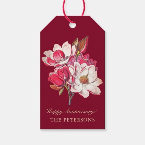 Elegant Vintage Pink Magnolia on Burgundy Gift Tags