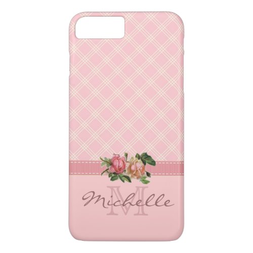 Elegant Vintage Pink Plaid  Floral Monogram Name iPhone 8 Plus7 Plus Case