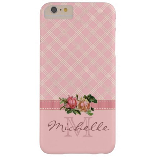 Elegant Vintage Pink Plaid  Floral Monogram Name Barely There iPhone 6 Plus Case