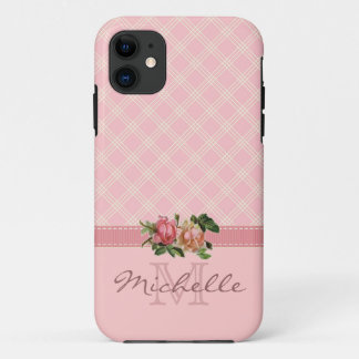 Elegant Vintage Pink Plaid & Floral Monogram Name iPhone 11 Case