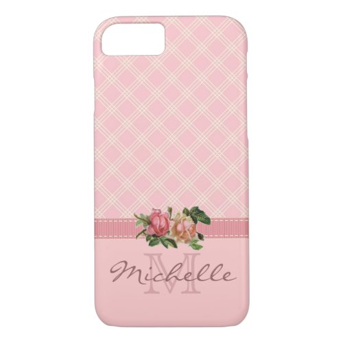 Elegant Vintage Pink Plaid  Floral Monogram Name iPhone 87 Case