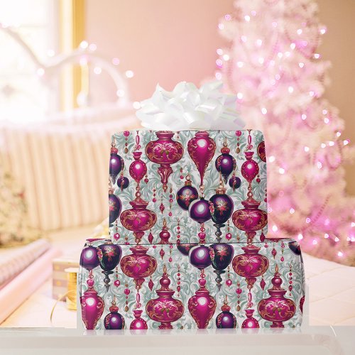 Elegant Vintage Pink Purple Christmas Ornaments Wrapping Paper