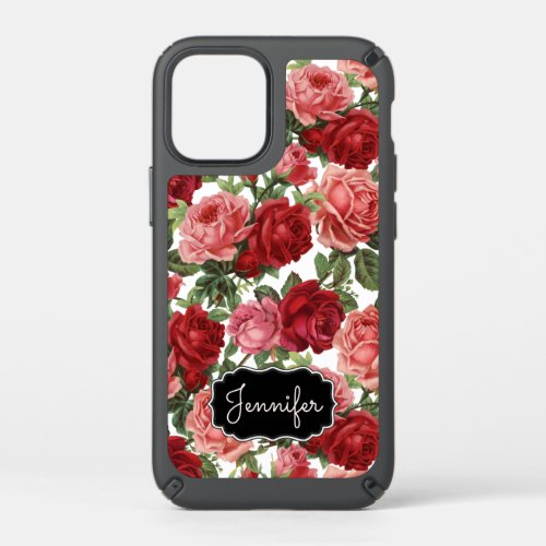 Elegant Vintage Pink Red Rose Floral Monogram Name Speck iPhone 12 Mini Case