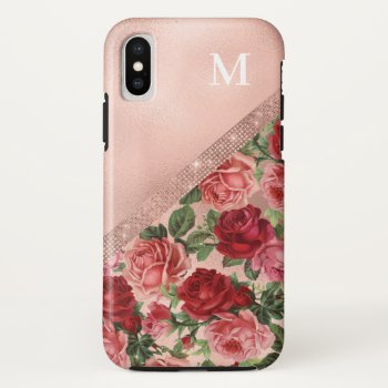 Elegant Vintage Pink Red Roses Floral Monogram Iphone X Case by storechichi at Zazzle
