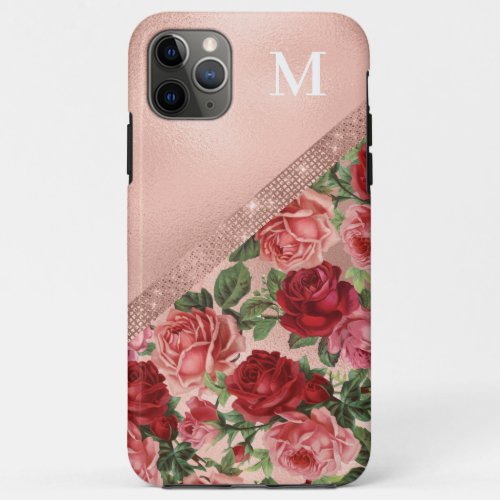 Elegant Vintage Pink Red Roses Floral Monogram iPhone 11 Pro Max Case