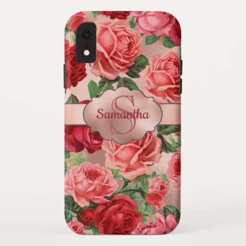 Elegant Vintage Pink Red Roses Floral Monogrammed iPhone XR Case