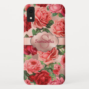 Elegant Vintage Pink Red Roses Floral Monogrammed iPhone XR Case