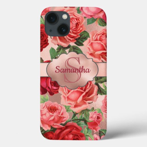 Elegant Vintage Pink Red Roses Floral Monogrammed iPhone 13 Case